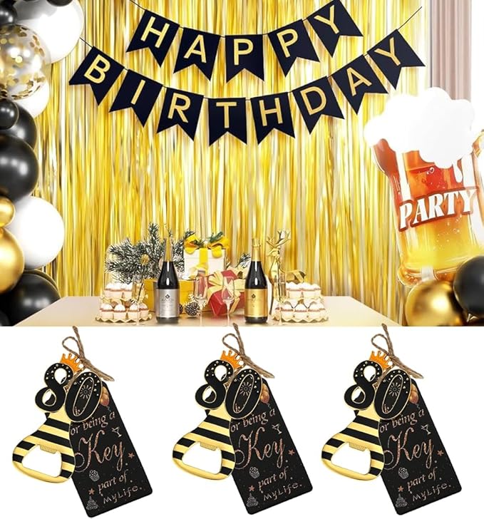 24pcs 80th Gold Keychain Bottle Opener 80th Birthday Party Favors, 80 Keychain Beer Bottle Opener Favors Anniversary Souvenirs Return Gifts for Guests Party Decor Supplies (black 80)