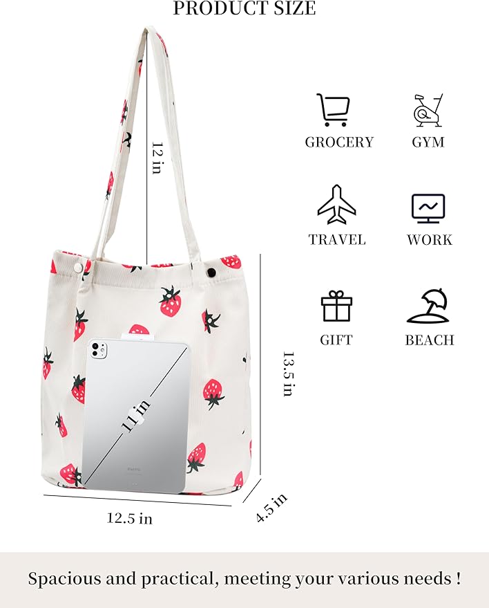 Corduroy Tote Bag Cute Tote Bags for Women Shoulder Bag with Inner Pocket for Work Beach Travel and Shopping Grocery