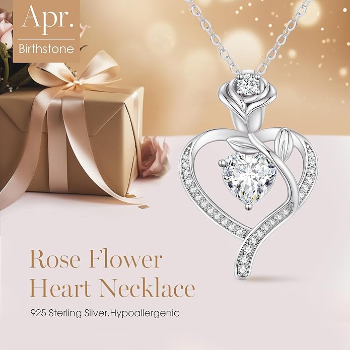 LOUISA SECRET Rose Flower Heart Birthstone Necklaces for Women, 925 Sterling Silver Fine Jewelry, Pendant Heart Necklaces Birthday Anniversary Christmas Gift for Women Wife Mom Girlfriend Lady