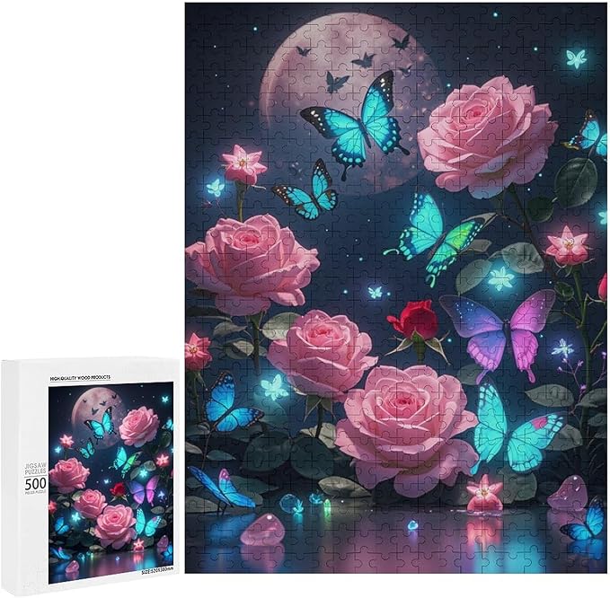 Wooden Puzzles 500 Piece，Butterfly and Rose Themed Jigsaw Puzzles Challenge Puzzles，Educational Games，Family Puzzles，Unique Gifts for Wall Art，Funny Puzzles