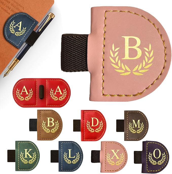 Personalized Leather Magnetic Bookmark with Pen Holder, Custom Bygone Mark Bookmark with Pen Holder, Custom Bookmarks with 26 Letters for Reading Women, Men, Teachers, Book Lovers（Pink，B）