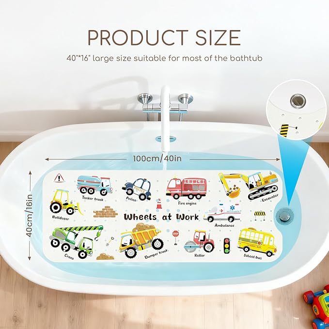 Baby Bath Mat for Tub, Non Slip Kids Bath Shower Mat, 40 X 16 Inch Large Bathtub Mat with Drain Holes and Suction Cups for Toddlers, Machine Washable and Waterproof (Excavator)