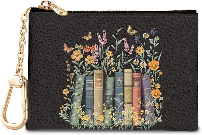 Book and Flower Keychain Coin Purse for Women, Small PU Leather Change Pouch, Zipper Little Tiny Travel Wallet for Girls, Cute Kawaii Zip Pocket Coin Holder with Key Ring