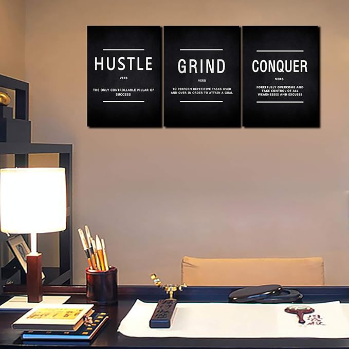 BWSPACE Inspirational Wall Decor, Motivational Canvas Wall Art, grind hustle wall art 3 Pieces Wall Art Decorations for Office Living Room and Bedroom Decor (48" W x 24" H, HGC)