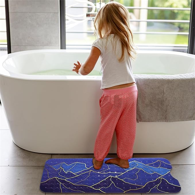 Mountain Bathtub Mat Non Slip 40x16in Gold Line Extra Long Bath Mat for Tub Bohemian Abstract Art Anti Slip Shower Mat for Bathroom with Large Drain Holes and Suction Cups Quality Bath Mats Decor