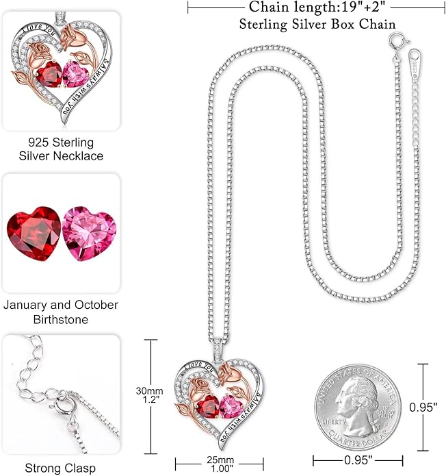 Iefil Valentines Day Gifts for Her - 925 Sterling Silver Rose Heart Birthstone Necklace Birthday Anniversary Jewelry Gifts for Her Wife Mom Daughter