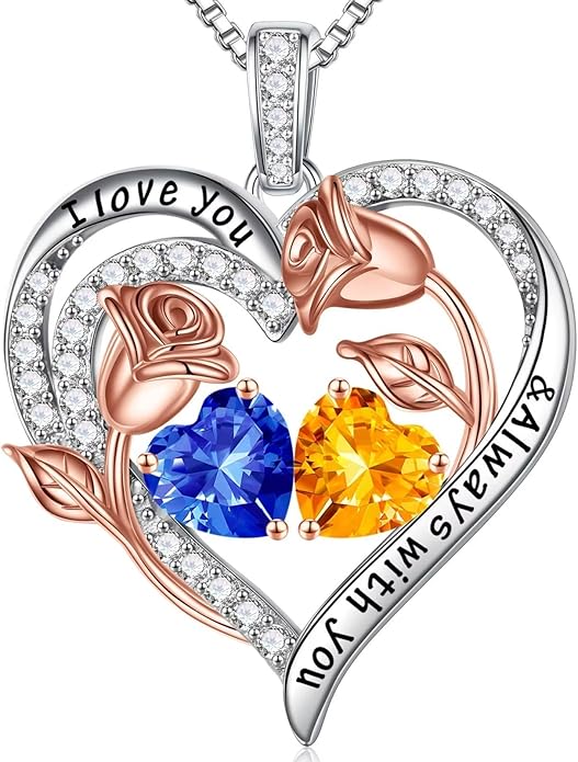 Iefil Valentines Day Gifts for Her - 925 Sterling Silver Rose Heart Birthstone Necklace Birthday Anniversary Jewelry Gifts for Her Wife Mom Daughter