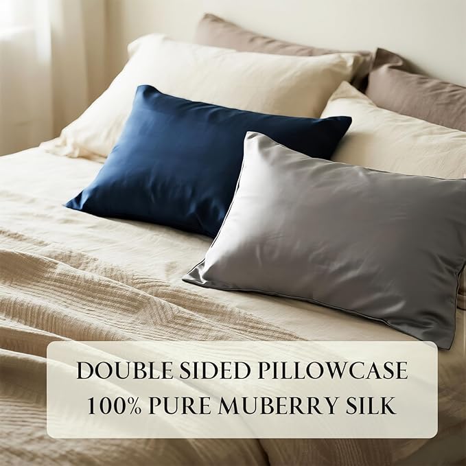 Mulberry Silk Pillowcase for Hair and Skin, Luxury Double Sided Pure Silk Pillowcase, 29x19 Inches, 1Pc (Navy Blue)