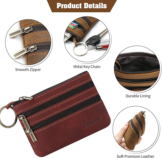 Jack&Chris Coin Purse Pouch for Men, Genuine Leather Coin Purse Zipper Pocket with Keychain Ring, Coin Bag for Men,JC301-Red