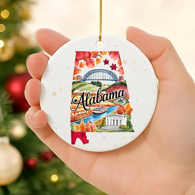 Alabama State Landmark Ceramic Ornament – Round Glossy Christmas Decoration Featuring U.S. State Art, Landmarks & Holiday Scenery – Collectible Travel Souvenir Ornament Series