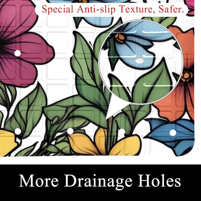 Non Slip Bath Mat for Tub, 15.1 x 26.8 Inch Bathtub Mat Machine Washable Shower Mat with Drain Holes and Suction Cups, Spring Garden Floral Leaves and Wild Flowers