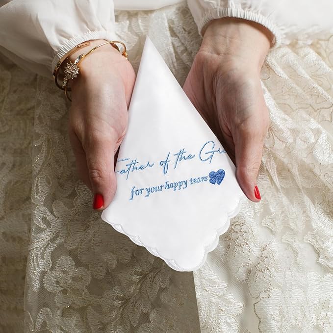 Wedding Handkerchief Something Blue for Bride, Mother Father of the Brides Groom Gifts, Embroidered Happy Tears Cotton Hanky