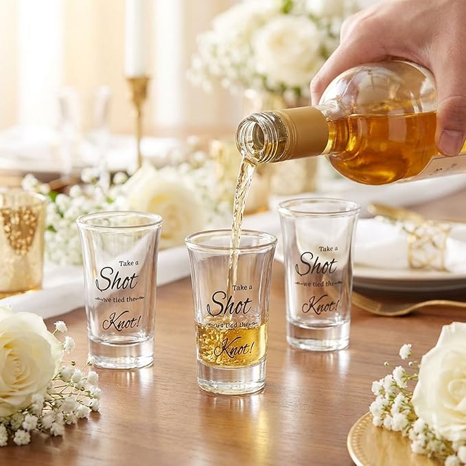 25 Set Wedding Favors for Guests Bulk,Acrylic Take a Shot We Tied the Knot Wedding Shot Glasses with Bottle Opener Thank You Cards and Organza Bags,Souvenirs for Guests