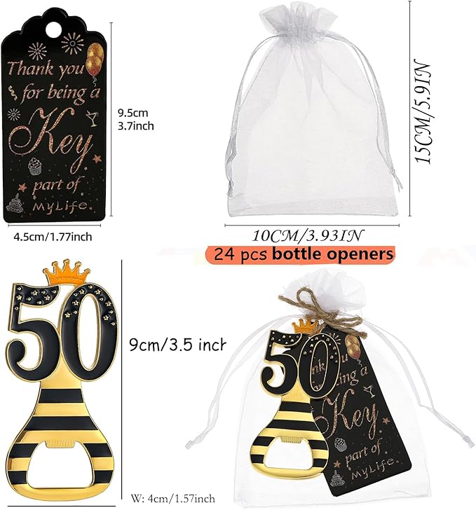 24pcs 50th Gold Keychain Bottle Opener 50th Birthday Party Favors, 50 Keychain Beer Bottle Opener Favors Anniversary Souvenirs Return Gifts for Guests Party Decor Supplies (black 50)