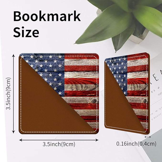 Cute Leather Bookmarks, Fun Triangle Making Corner Bookmark, Book Accessories for Reading Book Lovers, Unbreakable Page Markers for Women Men Retro Wood American Flag