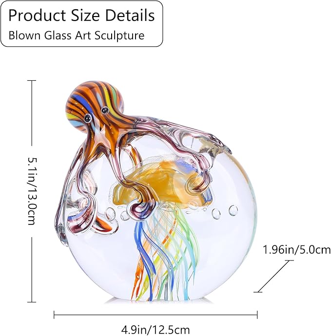 LCCCK Glass Octopus Jellyfish Statue Home Decor, Hand Blown Glass Decor Ocean Figurines Octopus Sculpture, Murano Art Office Desk Paperweights Fish Tank Aquarium Sea Animals Christmas Birthday Gift