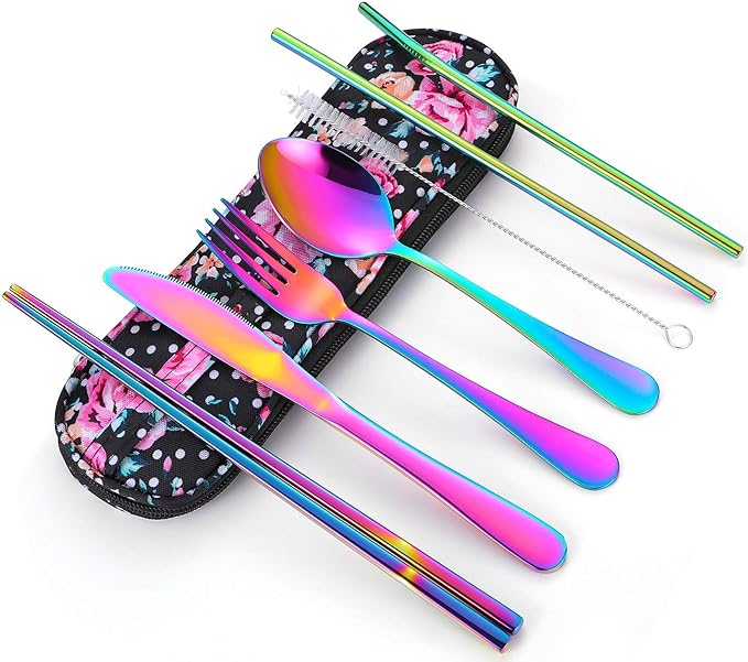 Travel Utensils,Reusable Silverware Set To Go Portable Cutlery Set with a Waterproof Carrying Case for Lunch Boxes Workplace Camping Picnic (Rainbow)
