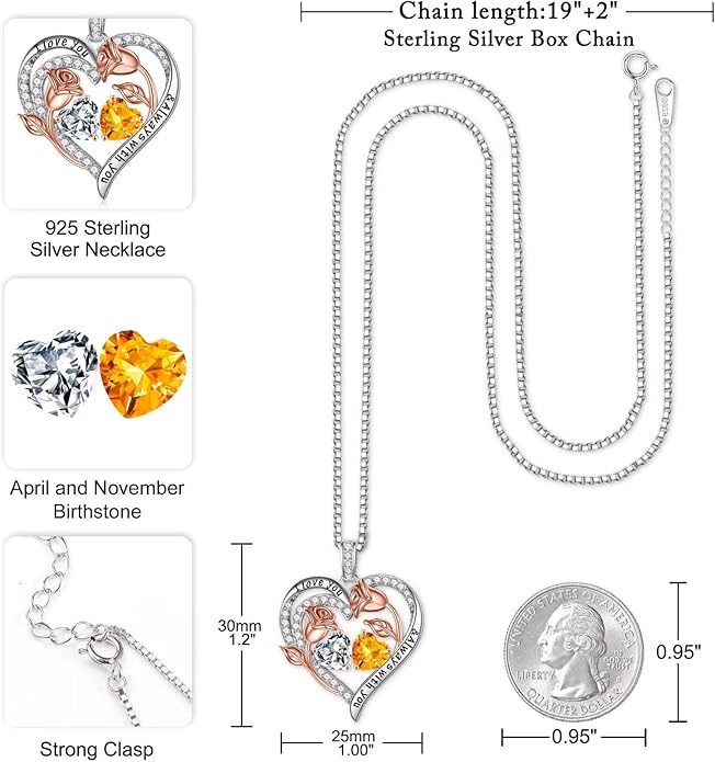 Iefil Valentines Day Gifts for Her - 925 Sterling Silver Rose Heart Birthstone Necklace Birthday Anniversary Jewelry Gifts for Her Wife Mom Daughter