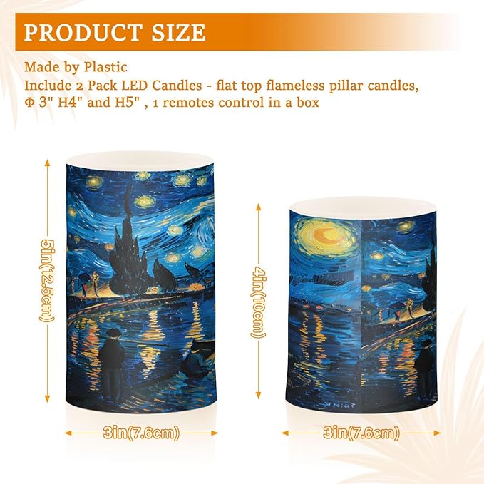 ALAZA Starry Night Over The Rhone Flickering Flameless Candles Battery Operated with Remote Timer,Tea Light Candles LED Pillar Votive Candles Set of 2 for Outdoor Indoor Decorations