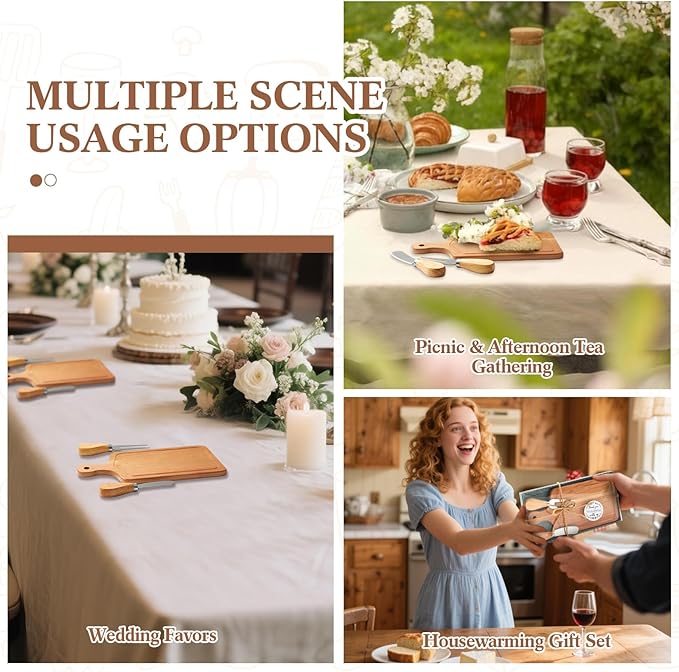 1 Set Bridal Baby Shower Cheese Prizes Wooden Square Board Gift Set Knives Forks Thank You Tags with Box for Guests for Valentines Bridal Baby Shower Housewarming (Cherry Wood)