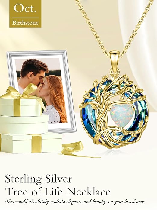 TOUPOP Tree of Life Birthstone Necklace 925 Sterling Silver Pendant Austrian Crystal Jewelry Anniversary Valentine's Day Birthday Gifts for Women Mom Her Wife