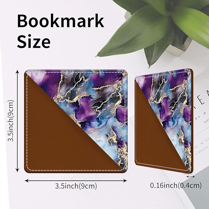 Cute Leather Bookmarks, Fun Triangle Making Corner Bookmark, Book Accessories for Reading Book Lovers, Unbreakable Page Markers for Women Men Luxury Blue Purpler Marble