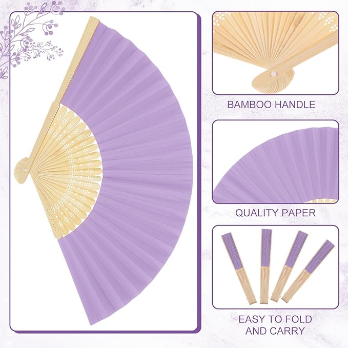 Yinkin 24 Pack Folding Fans Bamboo Handheld Folded Craft Hand Japanese Chinese Fans for Weddings Bridal Dancing Church DIY Decoration Women Gift Party Favors (Light Purple)