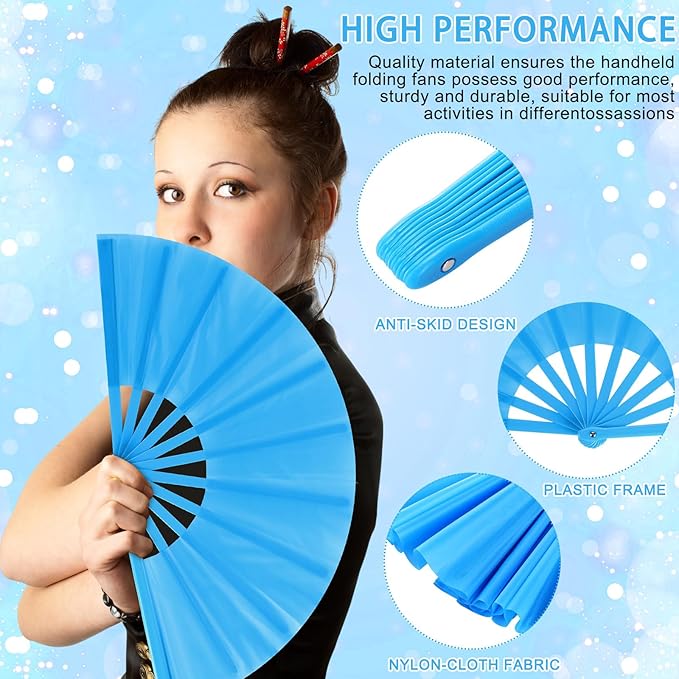 Blulu 4 Pcs 13 Inch Large Folding Hand Fans for Line Dancing Big Clapping Popping Raves Fans Bulk for Dancing Boots on The Ground Festival Party Decoration(Classic Style, Purple, Blue, Orange, Pink)