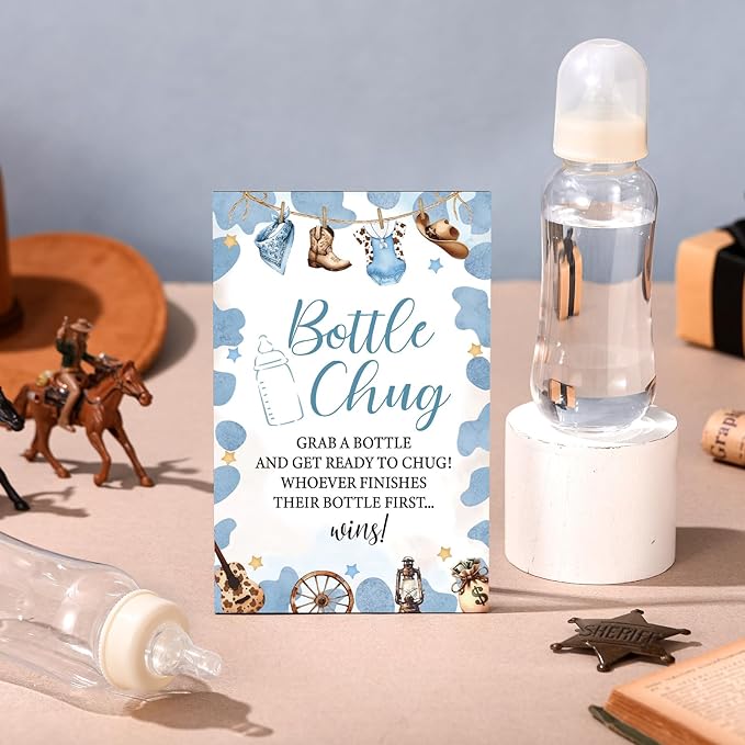 TrelaCo Cool Baby Shower Games Bottle Chug Sign and 12 Pcs Baby Bottle Shower Favor for Games Gender Reveal(Blue,Little Cowboy)