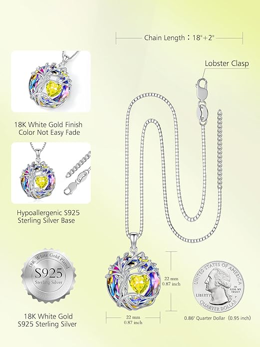 TOUPOP Tree of Life Birthstone Necklace 925 Sterling Silver Pendant Austrian Crystal Jewelry Anniversary Valentine's Day Birthday Gifts for Women Mom Her Wife