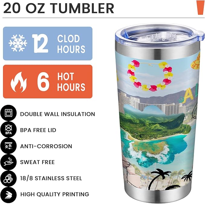 20oz Insulated Tumbler Hawaii State Coffee Mug, United States Map Travel Mug Landmark, Birthday Gifts Cute Custom Tumbler Cups with Lid and Straw Mothers Day Gifts