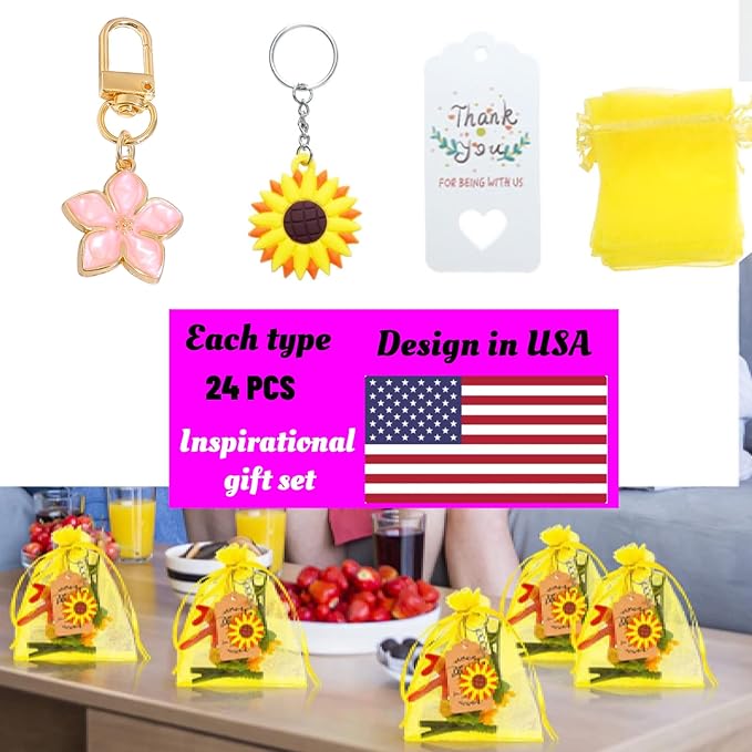 Thank You Gift Set Bulk with 24 Sunflower Keychains, 2 Cherry Blossom Keychains, 24 Thank You Cards, 24 Gift Bags, 9 Sunflower Balloons – Appreciation Gifts for Coworkers, Friends, Employees, Teachers