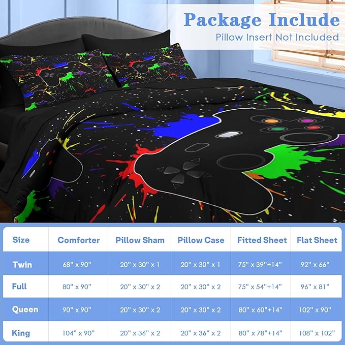 Comforter Set Twin Size, Gamepad Computer Game 5 Pcs Bedding for Kids and Adults, Play Video Gaming Bed Sheet Sets with Fitted Sheet Pillowcase & Sham for Bedroom Bed Decor