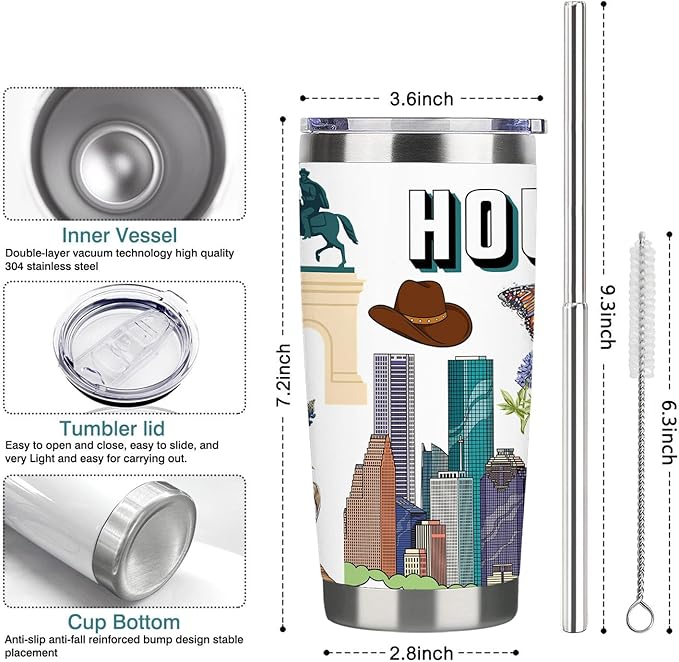 City Tumbler for City Lover,20oz Double Wall Vacuum Insulated Stainless Steel Coffee Cups (Houston)