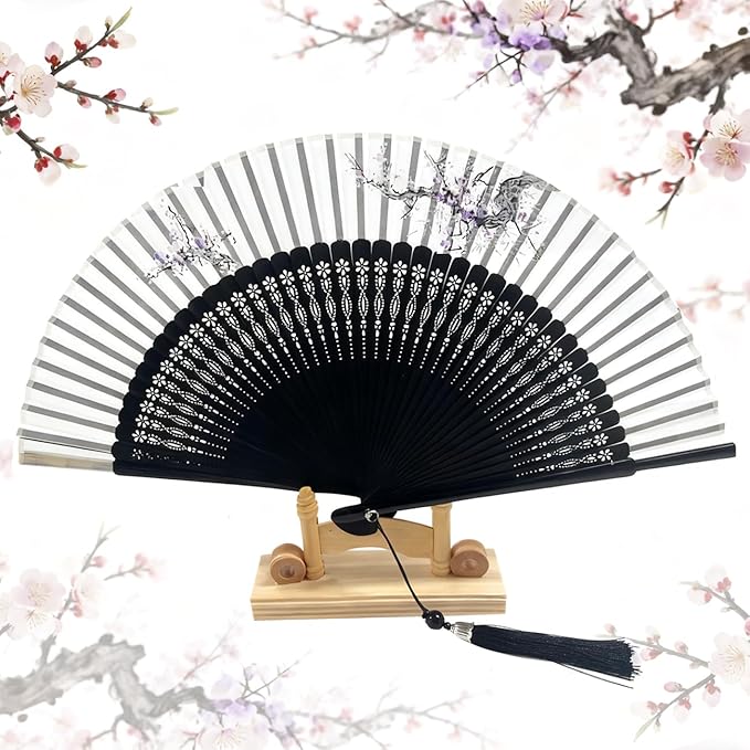 Hand Fan for Vintage Japanese Bamboo Silk Elegant for Dance Music Festival Wedding Church Decoration Party (Grey, Medium)