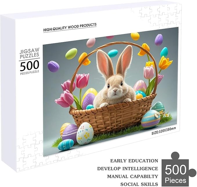 Wooden Puzzle - Easter Tulips Bunny Jigsaw Puzzles，Wooden Puzzles for Adults 500 Pieces Challenge Puzzles，Educational Games，Family Puzzles，Unique Gifts for Wall Art,Funnny Puzzles