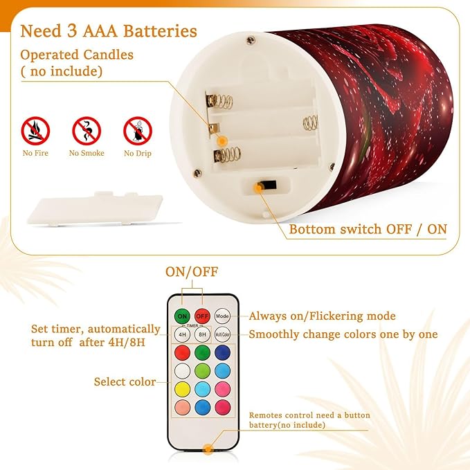 ALAZA Red Glitter Rose Floral Flowers Flickering Flameless Candles Battery Operated with Remote Timer,Tea Light Candles LED Pillar Votive Candles Set of 2 for Outdoor Indoor Decorations