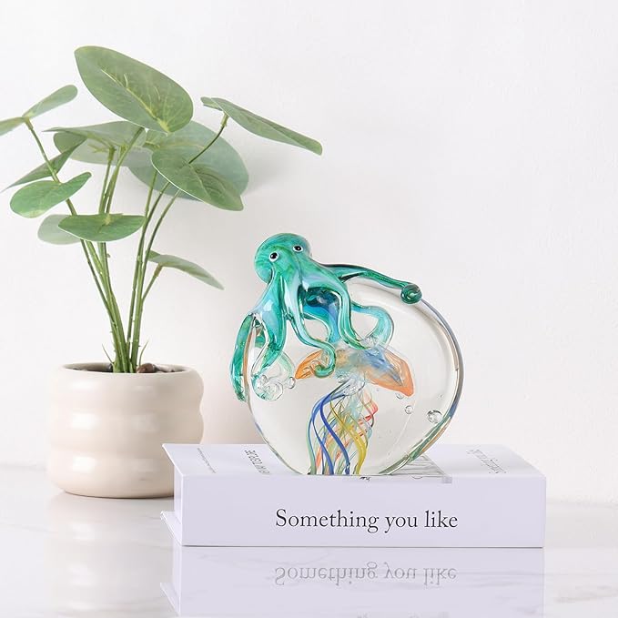 LCCCK Glass Octopus Jellyfish Statue Home Decor, Hand Blown Glass Decor Ocean Figurines Octopus Sculpture, Murano Art Office Desk Paperweights Fish Tank Aquarium Sea Animals Christmas Birthday Gift