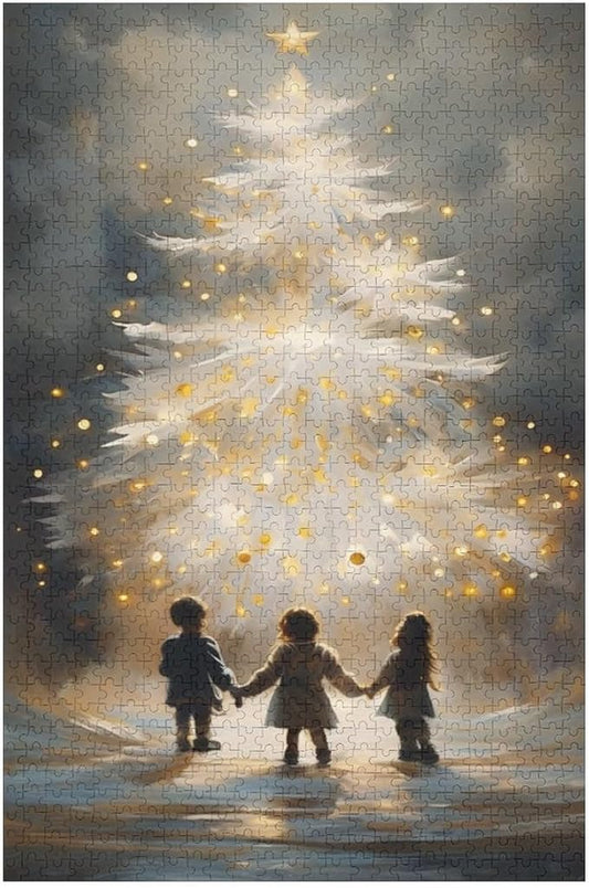 Funny Wooden Puzzle - Glowing Christmas Trees and Wishing Girls Puzzle for Adult 1000 Piece，Wooden Jigsaw Puzzles Art Leisure Game Fun Suitable Family Friends Educational Learning Games Gift