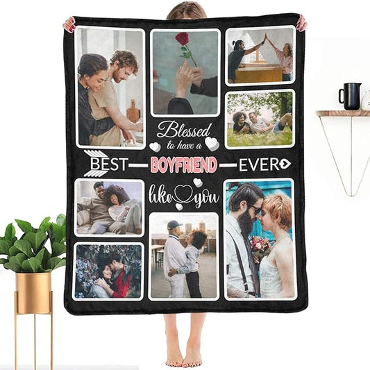 Custom Blanket Gifts for Boyfriend, Customized Blankets with Photos, Make a Personalized Bed Throws, Custom Souvenir Throw Blanket for Best Boyfriend Ever, 8 Collages Made in USA