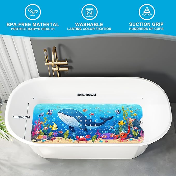 XIYUNTE Baby Bath Mat for Tub Non Slip Kids Bath Mat - 40''x16'' Extra Long Cartoon Whale Baby Bath Tub Mat Eco-Friendly Toddler Bath Mats with Suction Cups & Drain Holes, Easy to Clean & Easy Drying