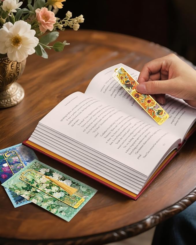 4 Pieces Metal Bookmarks with Tassel, Golden Hollow Bookmark Oil Painting Van Gogh Monet Theme Book Mark Bookmarks for Book Lovers Writers Readers Children Teens Men Women Adults
