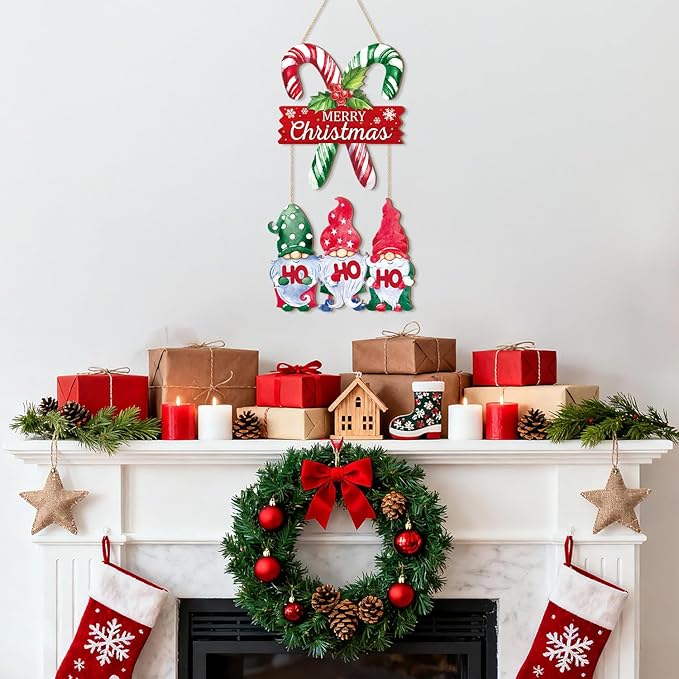 CHDITB Xmas Wooden Sign, Merry Christmas Wood Hanging Plaque, Candy Cane Holiday Front Door Sign, Dwarf Christmas Wall Art Sign Hanger, Xmas Seasonal Wall Decor for Outdoor Porch Yard Fireplace Decor