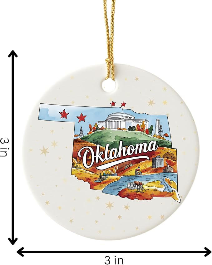 USA State Landmark Ceramic Ornament – Round Glossy Christmas Decoration Featuring U.S. State Art, Landmarks & Holiday Scenery – Collectible Travel Souvenir Ornament Series (Oklahoma)