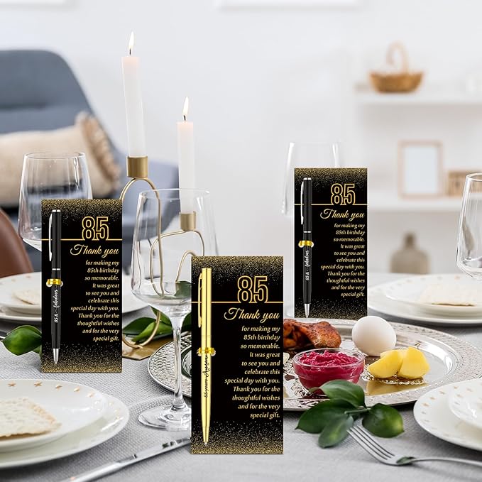 25 Sets 85th Birthday Themed Party Favors for Guests Including Birthday Ballpoint Pens and Black Gold Thank You Cards for Guests Anniversary Appreciation Gifts