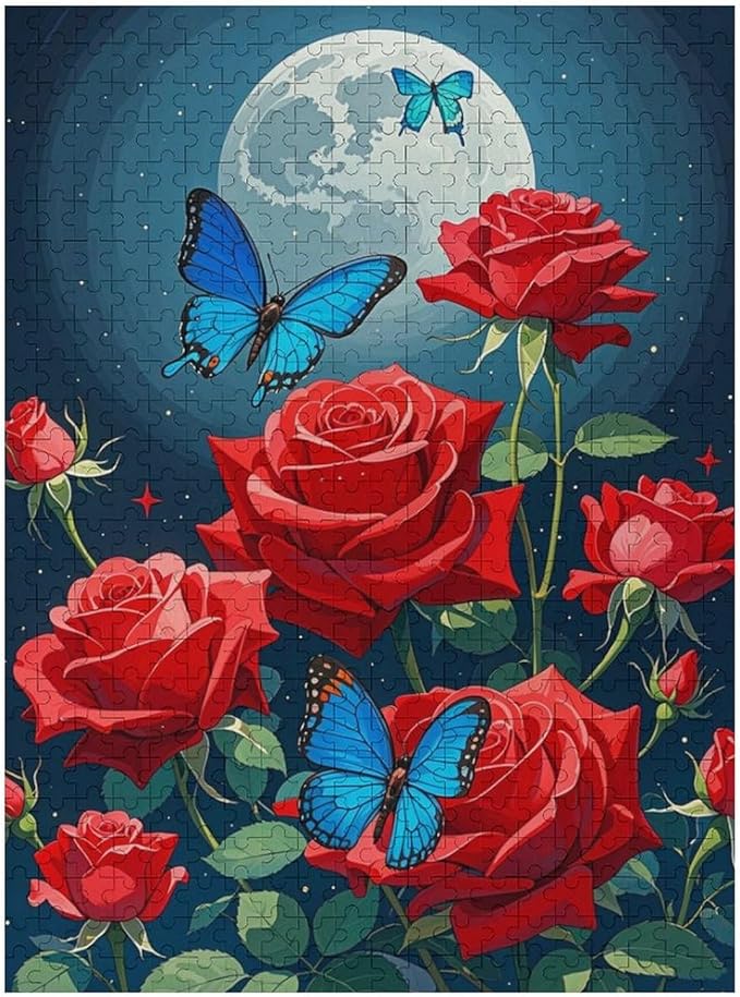 Jigsaw Puzzles for Adults 500 Piece - Butterfly Red Rose Garden Wooden Puzzles, Unique Gifts for Wall Art，Family Puzzles，Educational Games，Challenge Puzzles