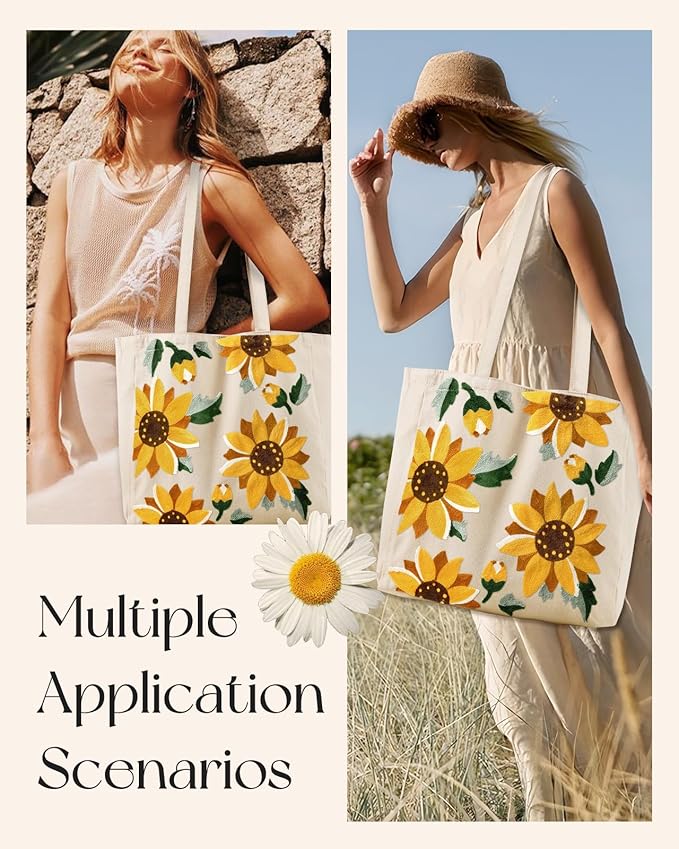 Miss Adola Aesthetic Embroidery Tote Bag for Women - Reusable Canvas Cute Shoulder Bag for Shopping, Grocery, Work, Book