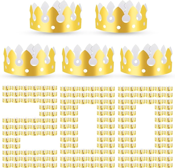 200pcs Gold Paper Crowns Bulk,Classic Style King Crown Princess Hats for Adults Birthday Celebration Party Supplies