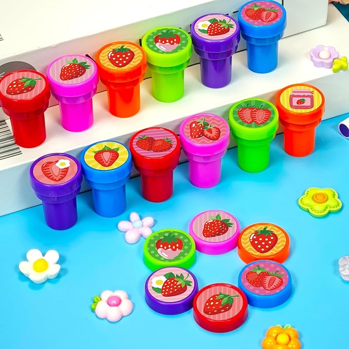 Cinrobiye 24 Pcs Strawberry Stampers, Cute Fruit Party Favors, Pink Stamps for Birthday Party Supplies, Carnival Prizes, Goodie Bag Fillers Pinata, Classroom Rewards, DIY Craft Activities