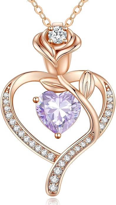 LOUISA SECRET Rose Flower Heart Birthstone Necklaces for Women, 925 Sterling Silver Fine Jewelry, Pendant Heart Necklaces Birthday Anniversary Christmas Gift for Women Wife Mom Girlfriend Lady